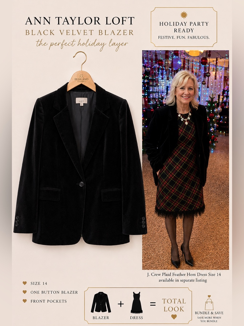 LOFT Black Velvet Blazer - One-Button Jacket | Holiday Party | Festive | Size 14
